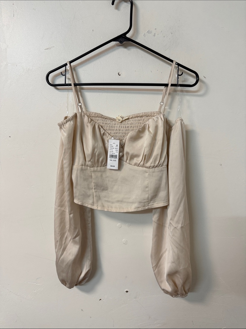 La Hearts Cream Off-Shoulder Long Sleeve Bandeau Top